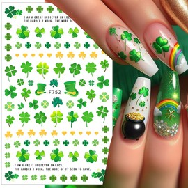 6 Sheets St. Patrick's Day Nail Art Stickers for Nail Art Green Shamrock Nails Stickers 3D Self Adhesive Heart Maple Leaves Clover Nail Decals St. Patrick's Day Nail Design Stickers for Women Holiday