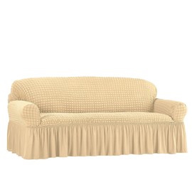 Collections Etc Textured Squares Ruffled Slipcover Beige Sofa