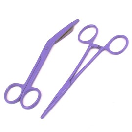 Precise Canada: Set of 2 Lister Bandage Scissors 5.5" + Hemostat Forceps Curved 5.5" Full Purple Color Stainless Steel