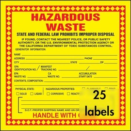Accuform (California) Hazardous Waste Label Adhesive-Poly Vinyl,Hazardous Waste - State and Federal Law PROHIBITS Improper Disposal...Handle with Care, 6"x6", Red/Black/Yellow (Pack 25), MHZWCAEVP