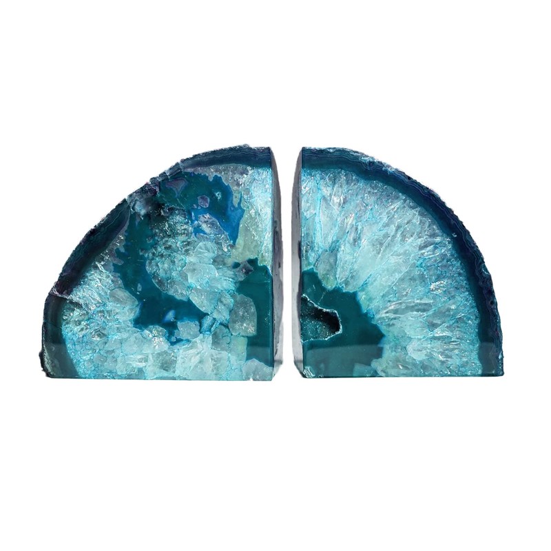 AMOYSTONE Teal Agate Geode Bookends, Unique Natural Crystal Book Holder