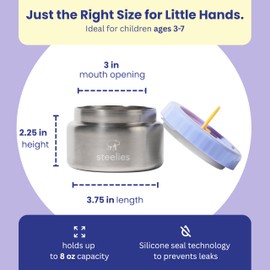 Steelies 8oz Vacuum Sealed Compact Stainless Steel Insulated Food Container for Hot & Cold Food for Kids, Easy to Open No Twisting Lid, 100% Leak Proof (Purple)