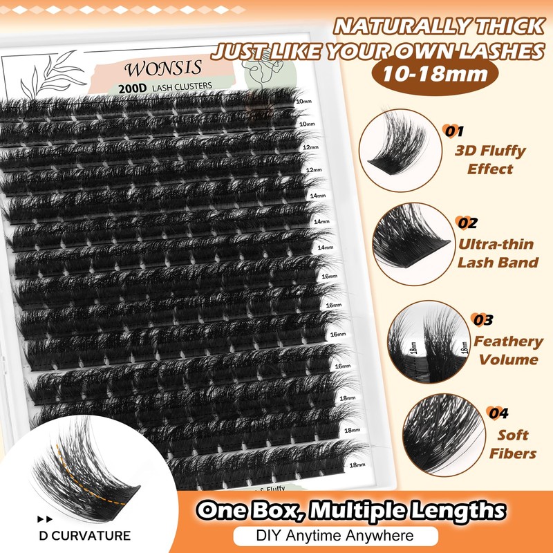 Lash Clusters, Thick 200D Volume Eyelash Clusters 10-18mm, Soft Lightweight