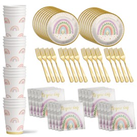 Juego de suministros para fiesta de cumpleaños de arcoíris, platos, tazas y servilletas, tenedores, vajilla para 16 años