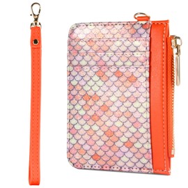 NNAKAPAKA Small Wallet Mermaid RFID Protected Leather Credit Card Holder Slim Wristlet Strap Wallet with Zipper Pocket, Card Organizer for Women Girls(Orange)