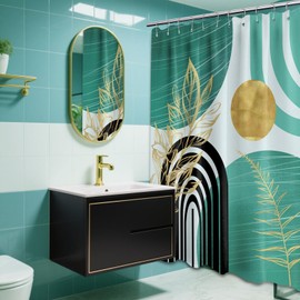 QGHOT Teal Blue and Gold Shower Curtain Boho Mid Century Turquoise and Aqua and Black Shower Curtains for Bathroom Decor, Waterproof Cloth Fabric with Hooks, 70" W x 72" L