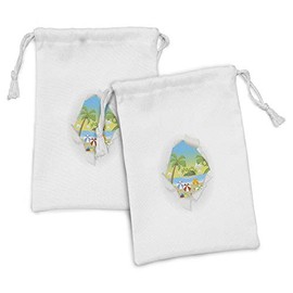 Ambesonne Beach Fabric Pouch Set of 2, Torn Paper Effect Tropical Beach with Ocean Umbrellas Palm and Coconut Trees Print, Small Drawstring Bag for Toiletries Masks and Favors, 9" x 6", Multicolor