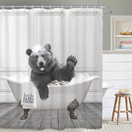 Yookeb Funny Bear Bathroom Shower Curtain 60W by 71H Inch Animal Farmhouse Cabin Hello Sweet Cheeks Polyester Fabric 12 Plastic Hooks Waterproof Decor