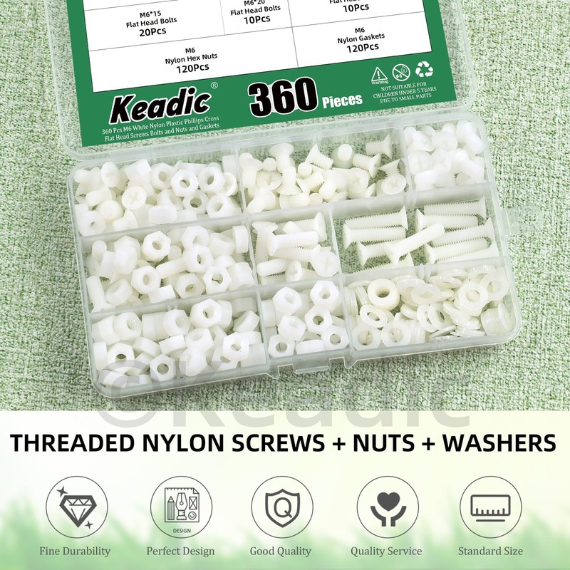 Keadic White Nylon Countersunk Machine Screws, Flat Head Machine Screws