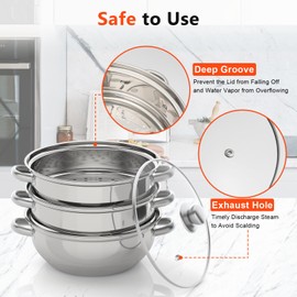 3 Tier Stainless Steel Steamer Pot with Lid, Vegetable Steamer Pan with Stainless Saucepan for Vegetable Meat Food Dumpling Steamer for Cooking Pot Set with 1 Port and 2 Steam Lattice