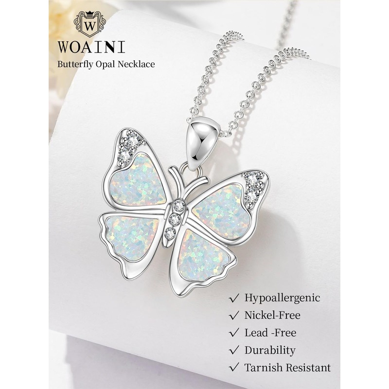 WOAINI Silver Butterfly Pendant Necklace for Women Opal Jewelry Gifts