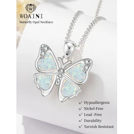 WOAINI Silver Butterfly Pendant Necklace for Women Opal Jewelry Gifts