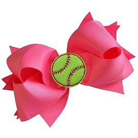 SOFTBALL BOW Girls 4.5 Inch Grosgrain Softball Hair Bow with Glitter Embroidered Softball - French Clip (HOT PINK)