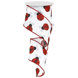 2.5" White Satin Ladybug Ribbon (10 Yards) - Summer Spring Wired Edge Satin Ribbon RG1625