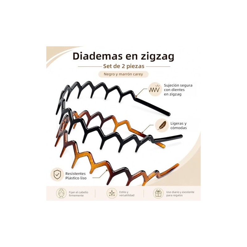 Diademas Zigzag 2 Piezas, Onduladas Antideslizantes Unisex