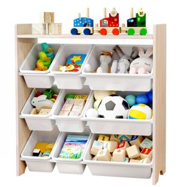 MallBest 4-Tier Kids' Toy Storage Organizer Shelf - 100% Solid Wood,Children's Storage Cabinet with 9 Plastic Bins