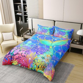 Funda de edredón 100 % algodón con lentejuelas y cola de sirena, con temática oceánica, colorida, funda de edredón transpirable para decoración de recámara, funda de edredón de teñido anudado