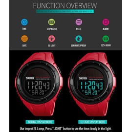 Gosasa Men's Outdoor Sports Multifunction Solar Power LED Digital Watches 50M Water Resistant (Red)