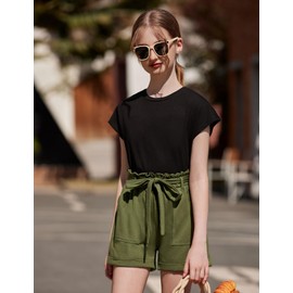 Arshiner Girls 2 Piece Outfit Summer Clothes Cute Drop Shoulder Batwing Sleeve Tops and Paperbag Waist Shorts Set Size 6-7