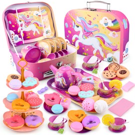 Tea Service Children's Tea Party Role Play Toy Carry Case for Little Girls Pewter Tea Set with Tea Filter Bags and Lemon Slices (Unicorn)