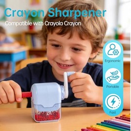 Crayon Sharpener Compatible with Crayola, Manual Hand Crank Crayon Sharpener, Transform Dull Crayons into Sharp, with Removable Shavings Container, for Home, Art Projects, and Travel, Blue