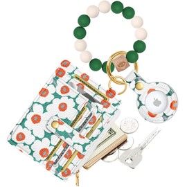 Miss Adola Wallet Keychain Wristlet for Women with AirTag Holder - Cute Design Credit Card Holder Wallets Key Chain Ring Slim Small RFID Air Tag Coin Pocket Purse for Ladies Teen Girls,Green Flower