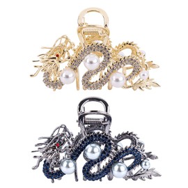 Framendino, 2 Pack Dragon Metal Claw Clips Large Metal Pearl Hair Claws Non-slip Barrettes Clamps for Women (Blue and Gold)