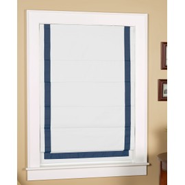 Green Mountain Vista Thermal Blackout Cordless Roman Shade with Ribbon Border (30" Wide x 63 Long, White with Navy Blue Ribbon Border)