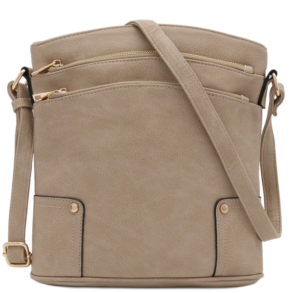 ALYSSA Triple Zip Pocket Large Crossbody Bag (Sand)