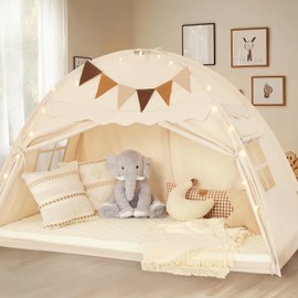 Twin Size Bed Tent Canopy, Kids Play Tent with Flags & Star Lights, Canopy on Bed Privacy Space Sleeping Blackout Tents, Indoor Breathable Portable & Foldable, Girls & Boys Gifts, Cream Castle Style
