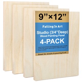 Falling in Art Unfinished Birch Wood Canvas Panels Kit, 4 Pack of 9x12’’ Studio 3/4’’ Deep Cradle Boards for Pouring Art, Crafts, Painting and More