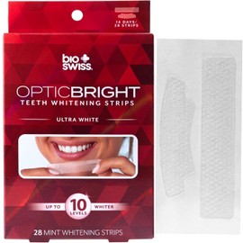 BioSwiss Tiras blanqueadoras de dientes, juego de tiras blanqueadoras de dientes Optic Bright Ultra White Mint, paquete de 28, caja roja