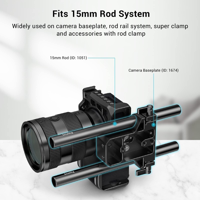 SMALLRIG 2pcs Black Aluminum Alloy 15mm Rod - 20cm 8inch-1051