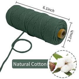 LEREATI Macrame Cord 2mm x 100m, Thick Macrame Rope Natural Cotton Rope Craft String, 3 Strand Twisted Cotton Cord Yarn for DIY Plant Hanger, Wall Hanging, Christmas Decoration (Dark green)