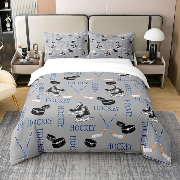 Erosebridal Ice Hockey Pure Cotton Duvet Cover Twin,Puck Hockey Rink Comforter Cover for Kids Boys Girls,Teens Winter Sport Game Quilt Cover,Skating Shoes Bedspread Cover Room Decor,Grey Blue