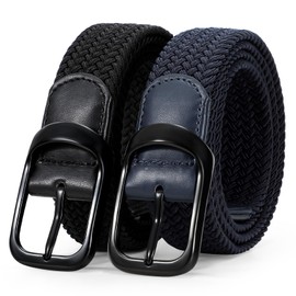 WERFORU 2 Pack Stretch Woven Belts Men's Elastic Braided Belt 1 3/8 Casual Golf Belt for Jeans Pants Black+Navy Blue