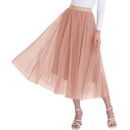 Women’s Tulle Skirts Midi Elastic High Waist Pleated Mesh Flowy A-Line Party Long Tutu Skirt