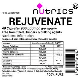 Nutrics® REJUVENATE 900 Retinol A Hyaluronic Acid Marine Collagen Niacinamide MSM Vitamin C & E 60 Capsules (2 Months Supply) - 100% Pure No fillers (60)