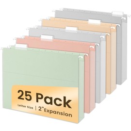 SUNEE Hanging File Folders Letter Size, Pastel Colors, 25 Count Letter Size File Folders with 1/5-cut Tabs, Heavy Duty 2 Inch Expansion, Stay Organized for Your Home and Office Bulk File