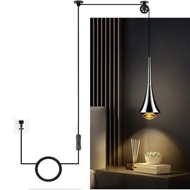 DZW Natural Light Spectrum Pendant Light with Touch Dimming 3000K-6000K, 5W Modern Waterdrop Design Plug-in Hanging Lamp for Bedroom/Foyer (Total Length 177 inch Cord, Pearl Black)