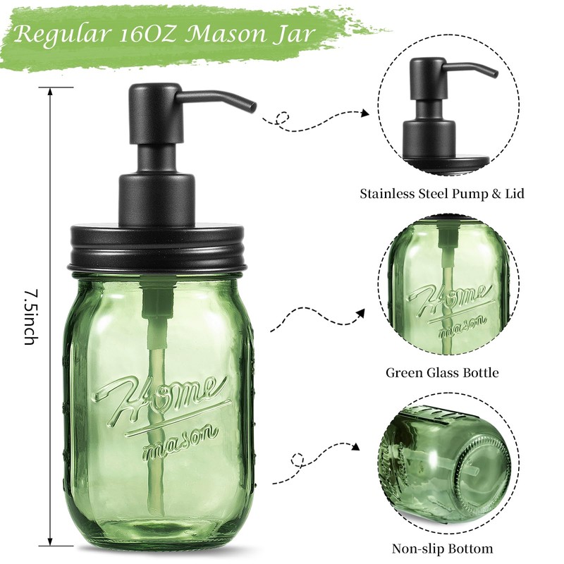 Amolliar Green Glass Mason Jar Liquid Soap Dispenser, 16OZ, Black