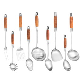NIITAWH Stainless Steel Kitchen Utensils Set with Wooden Handle for Cooking 9 PCS with Solid and Slotted Spoon, Fork, Spatula, Ladle, Skimmer, Slotted Tunner, Spaghetti and Large Spoon