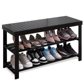 SMIBUY Bamboo Shoe Rack Bench, 3-Tier Shoe Organizer Storage Shelf for Entryway Hallway Bathroom Living Room (Walnut)