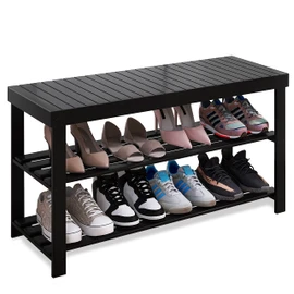 SMIBUY Bamboo Shoe Rack Bench, 3-Tier Shoe Organizer Storage Shelf for Entryway Hallway Bathroom Living Room (Walnut)