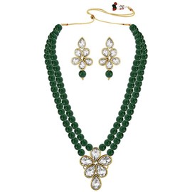 Aheli Crystal Pearl Long Collar con pendientes de caída Conjunto de joyas étnicas tradicionales indias de Bollywood para niñas