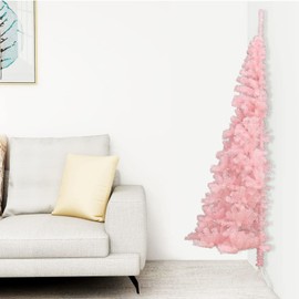 CHARMMA Artificial Half Christmas Tree with Stand Pink 7ft PVC,Flat and Slim Christmas Tree for Christmas Decoration,Pink