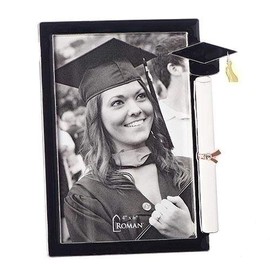 Graduation Cap, Diploma Polished Onyx and Silver Tone 5.5 x 6.5 Zinc Photo Frame