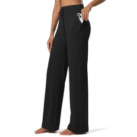 Willit Women's Wide Leg Pants Yoga Pants with Pockets High Waist Stretch Casual Lounge Comfy Pants 29" Black XL
