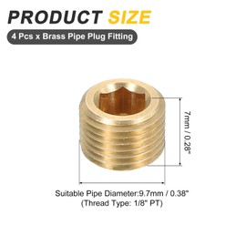 uxcell 4Pcs Brass Pipe Plug Fitting, 1/8" PT Male Hex Counter Sunk Plug, Internal Thread Socket Pipe Plug for Closing the End of Pipe, Air Tanks