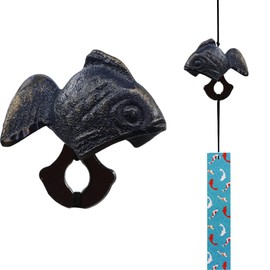 Japanese Wind Chime Cast-Iron Outdoor Ornament for Garden, Patio & Balcony, Hanging Metal Wind-Bell Decoration Gift, Blessing Pendant Windchimes & PVC Wind-Catcher, Goldfish - Blue